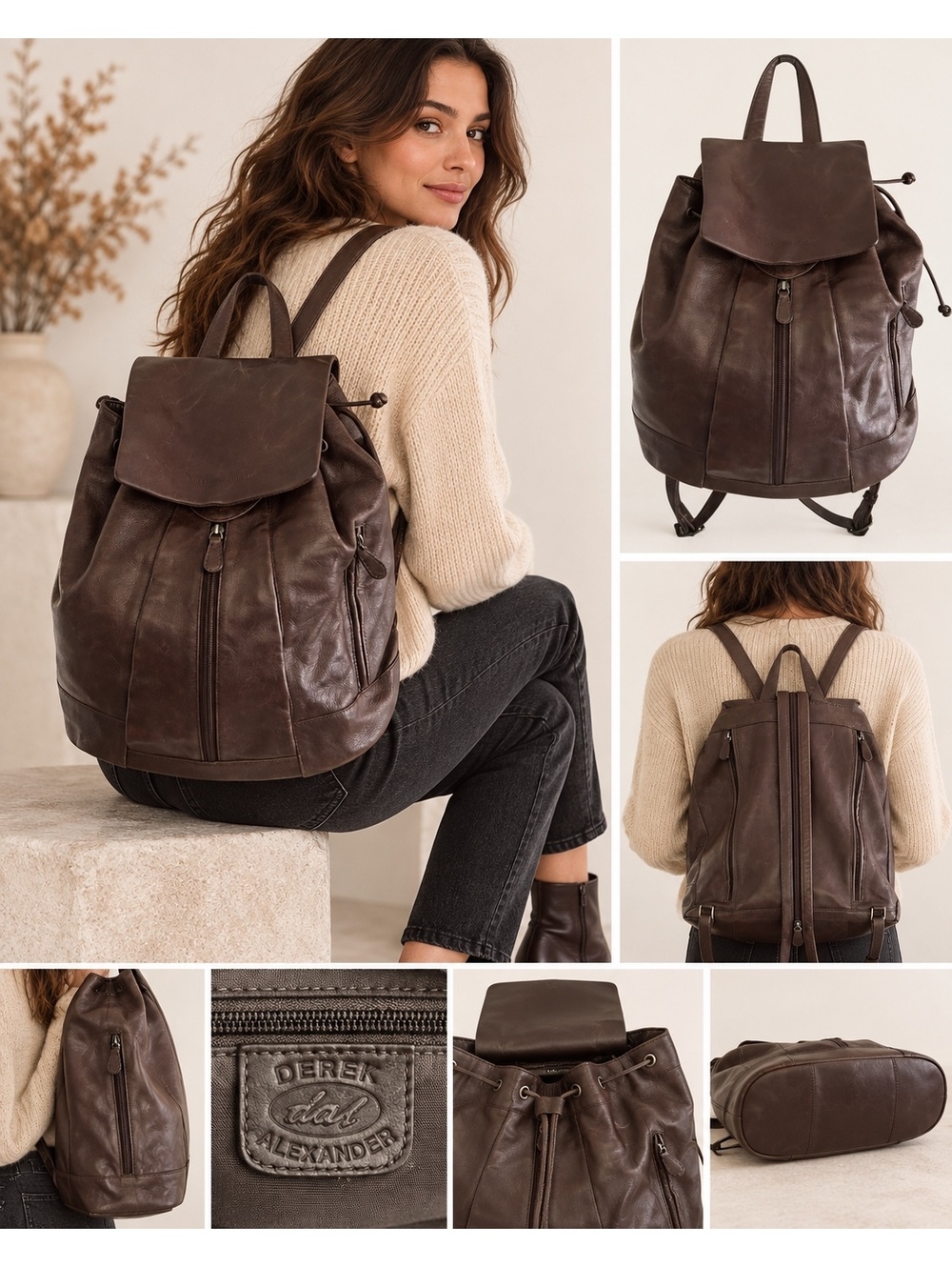 Derek Alexander Brown Leather Backpack Knapsack Convertible Straps Like New